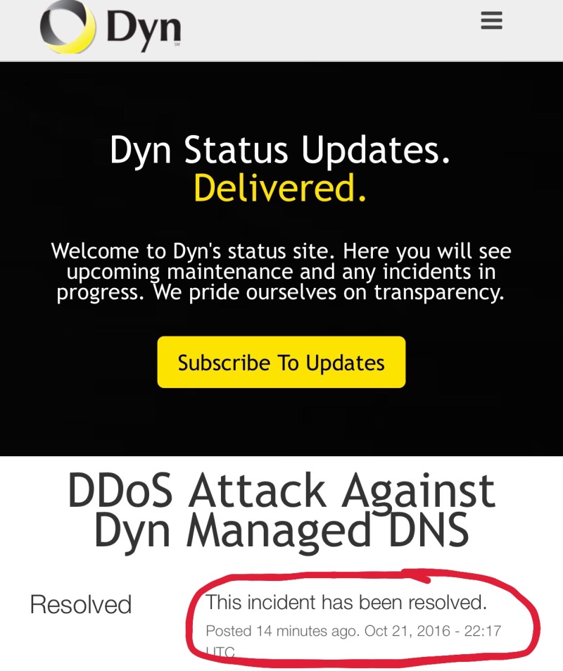 Dyn says DNS issue resolved