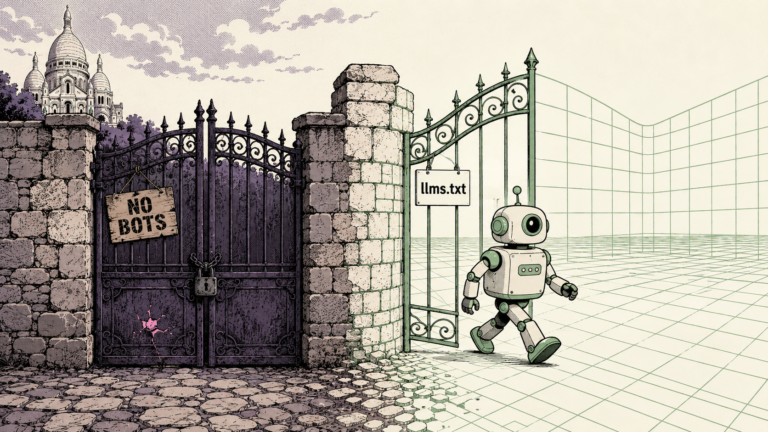 Locked NO BOTS gate beside an open llms.txt gate with robot walking through, illustrating GEO for nonprofits and AI crawler access