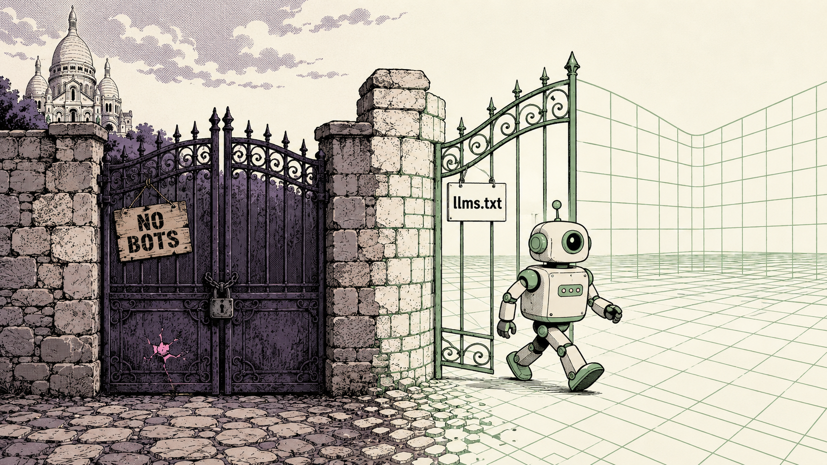 Locked NO BOTS gate beside an open llms.txt gate with robot walking through, illustrating GEO for nonprofits and AI crawler access