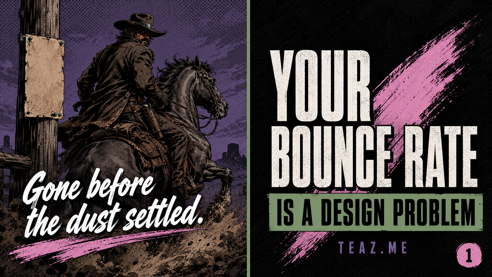 Vintage comic cowboy riding away at dusk representing a high bounce rate on a web page -- TeazMedia