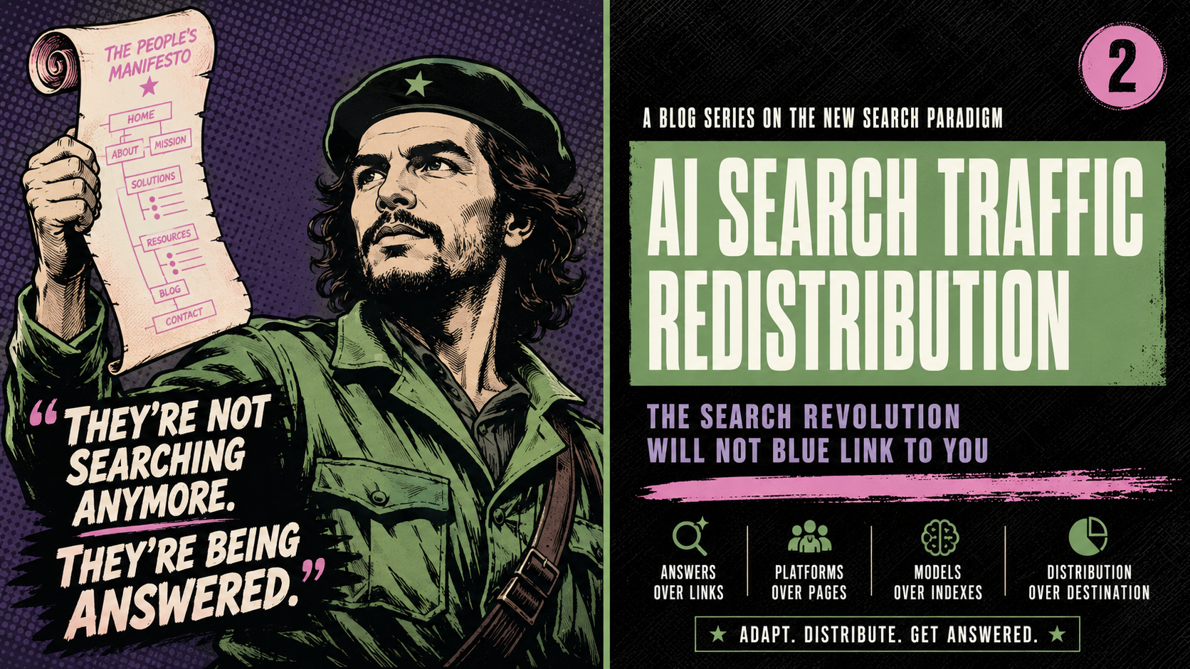 AI search traffic redistribution illustrated as a revolutionary figure holding a manifesto