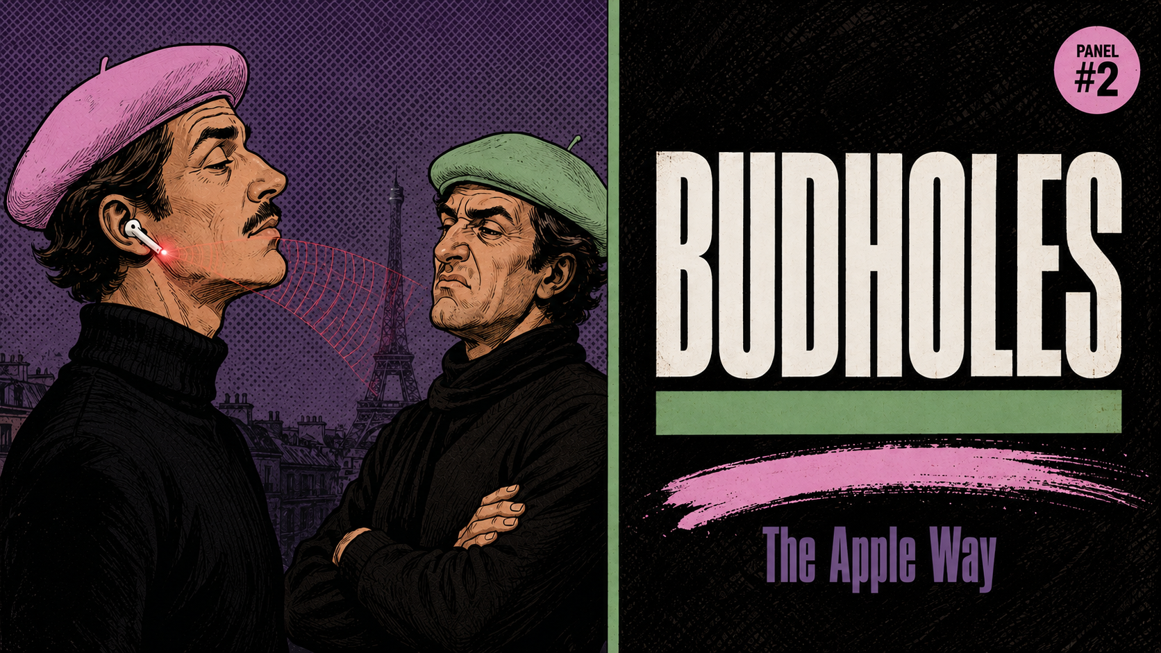 AirPods biometric privacy -- two Parisian men in berets, one scanning the other with an AirPods IR camera as the second man sneers in disapproval