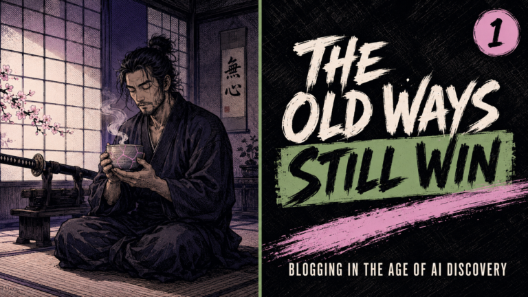 Ronin seated in a Japanese teahouse sipping tea -- blogging for AI discovery still follows timeless principles