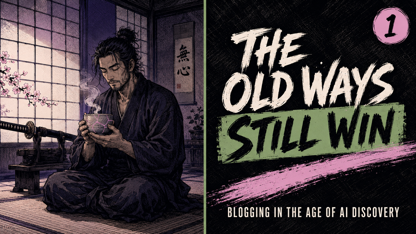 Ronin seated in a Japanese teahouse sipping tea -- blogging for AI discovery still follows timeless principles