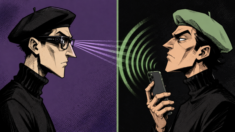 two figures in berets facing off -- smart glasses surveillance versus bluetooth privacy beacon