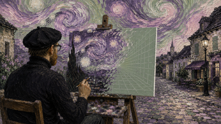Creative web designer painting a Starry Night digital landscape on a cobblestone street
