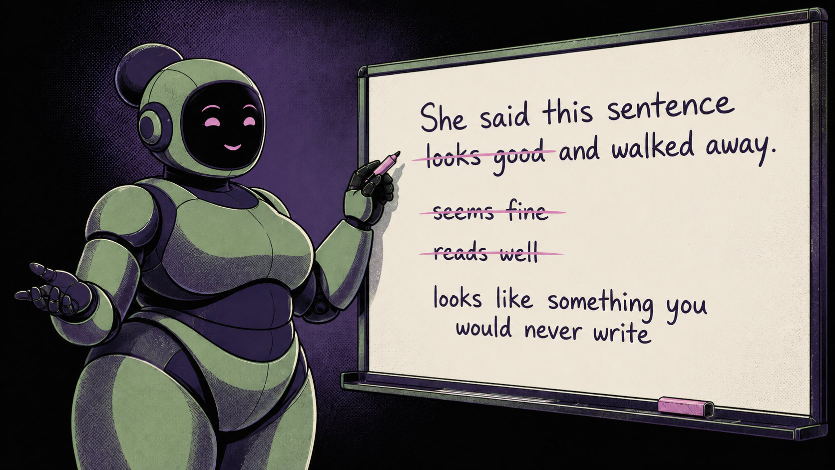 Illustration of a robot writing "she said this sentence looks good and walked away" on a whiteboard, crossing out word choices, representing Anthropic's Watermarking and AI text word substitution