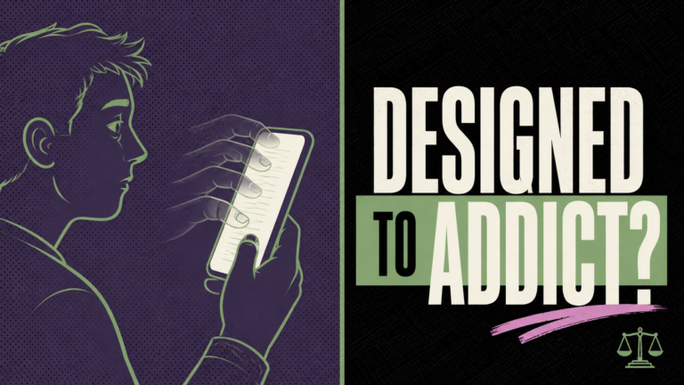 Illustration of a person doomscrolling next to bold text reading "Designed to Addict?" with a scale of justice icon